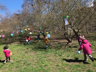 Easter Bunny at Easter egg hunt, Riverside Park, Manhattan NYC