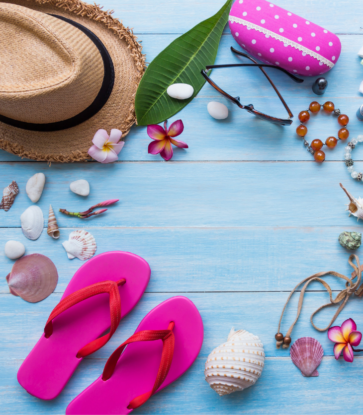 summer hats flip flops flowers shells sunglasses