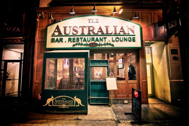 the front door of Australian Bar and Restaurant in New York City with a picture of a kangaroo on the front door